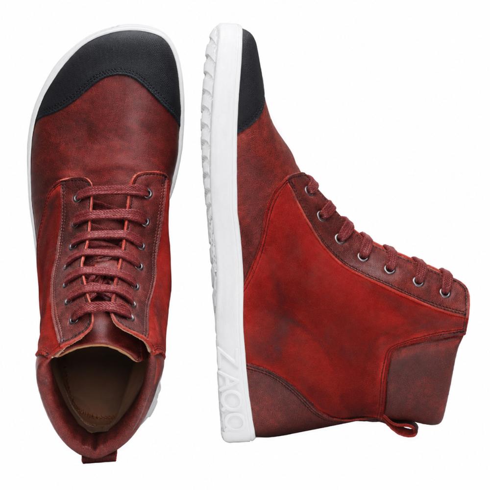 CHICAQO Red -malli ZAQQ on pari high-top-tennareita, joissa on nappanahka- ja mokkanahkarakenne, musta kärki ja valkoinen, joustava pohja. Yksi kenkä on esillä pystyasennossa sivunäkymän vuoksi, kun taas toinen korostaa nauhojaan ja mustaa etuosan yksityiskohtaa ylhäältäpäin. Brändin nimi ZAQQ on näkyvissä pohjassa.